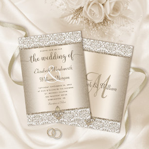 Champagne Glitter Monogram Fleur De Lis Wedding Invitation