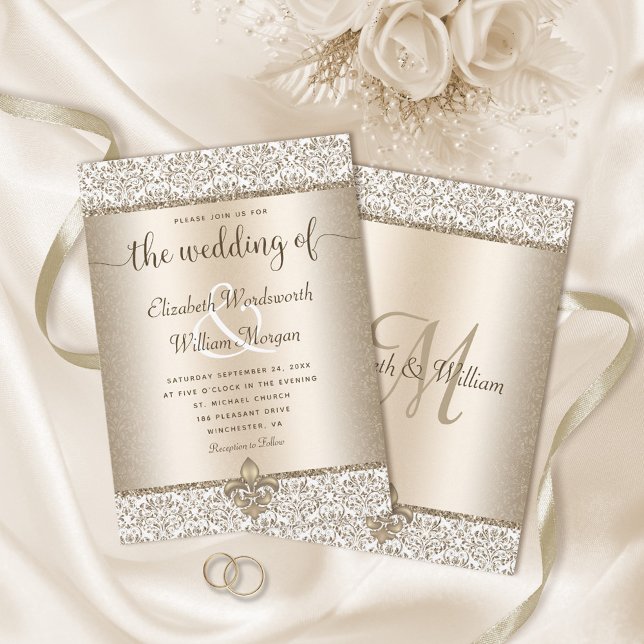 Champagne Glitter Monogram Fleur De Lis Wedding Invitation (Creator Uploaded)