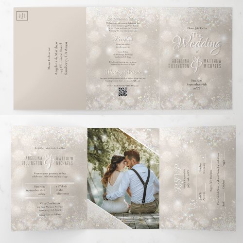 Champagne Glitter Photo All in One  Budget Wedding Tri_Fold Invitation