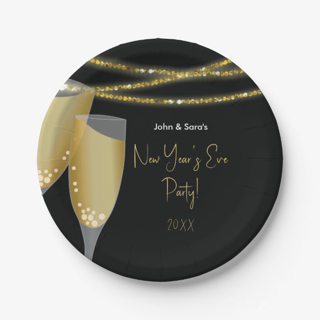 Champagne & Glitter Strings | New Year's Eve Party Paper Plates (Front)