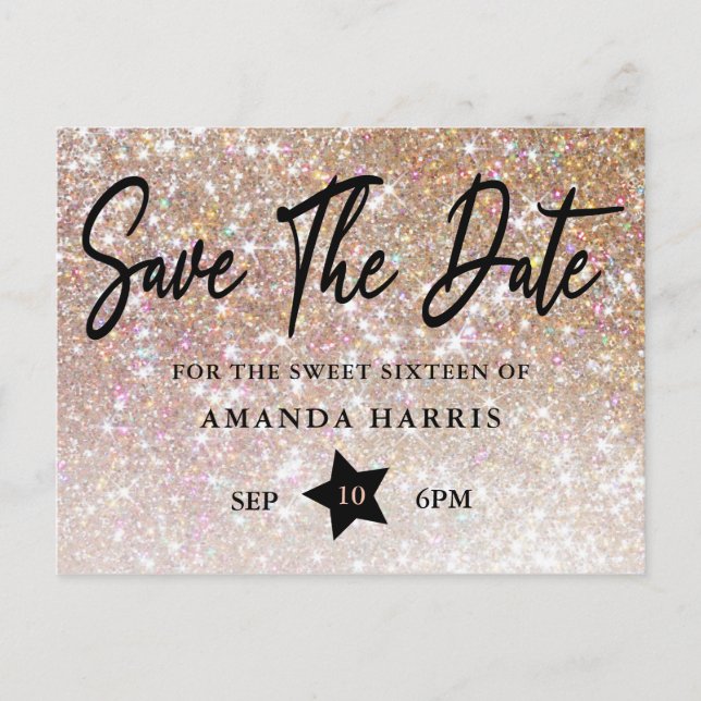 Champagne Glitter Sweet 16 Save The Date Postcard (Front)