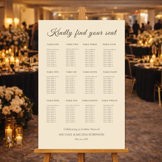 Champagne Gold 50th Anniversary Seating Chart Foam Board (Champagne gold 50th anniversary seating chart for elegant reception entrance)