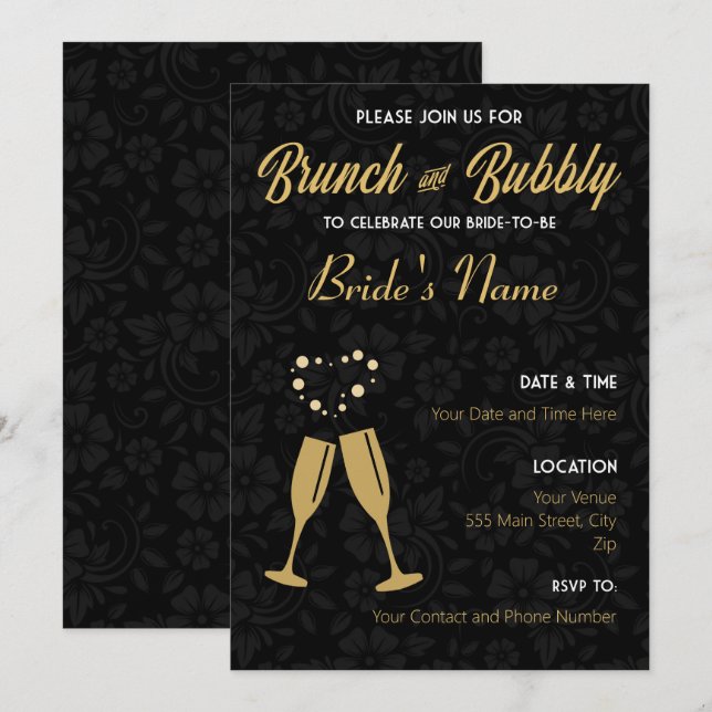 Champagne Gold and Black Bridal Shower Invite (Front/Back)