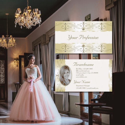 Champagne Gold and Cream Ornate Borders with Photo Business Card