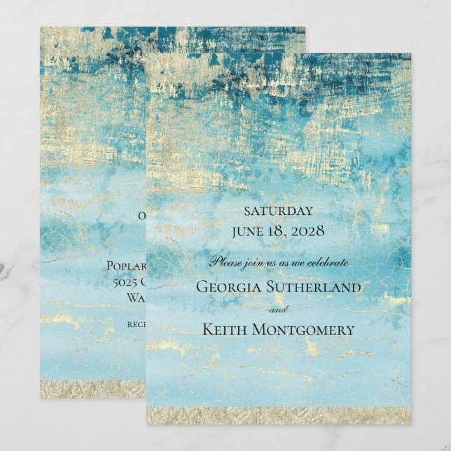 Champagne Gold And Turquoise 2 Modern Art Wedding Invitation (Front/Back)