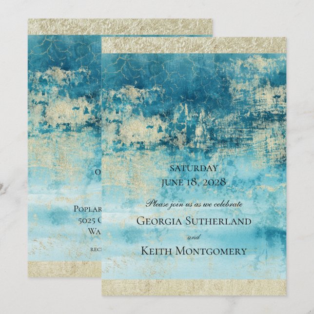 Champagne Gold And Turquoise Modern Art Wedding Invitation (Front/Back)
