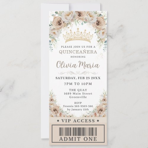Champagne Gold Beige Floral Quinceañera VIP Ticket