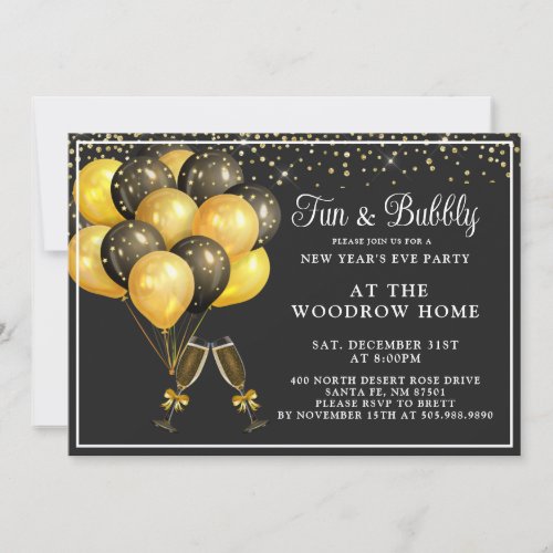 Champagne Gold Black Balloons New Years Eve  Invitation