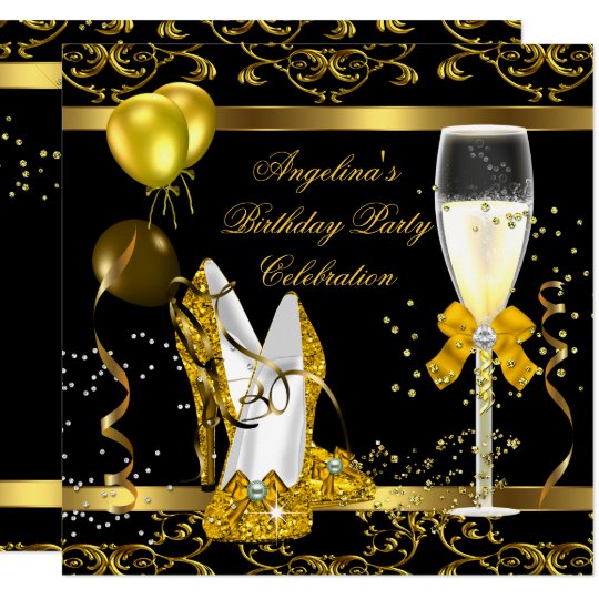 Champagne Gold Black Glitter Heels Birthday Party Invitation