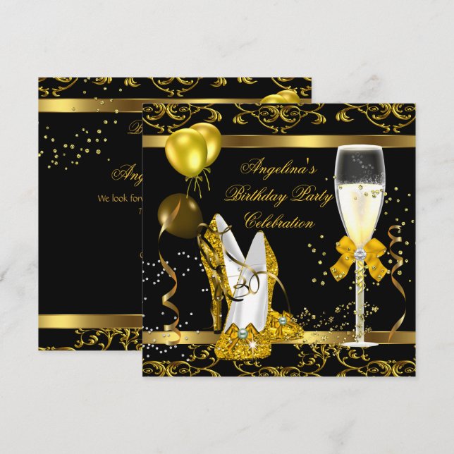 Champagne Gold Black Glitter Heels Birthday Party Invitation (Front/Back)