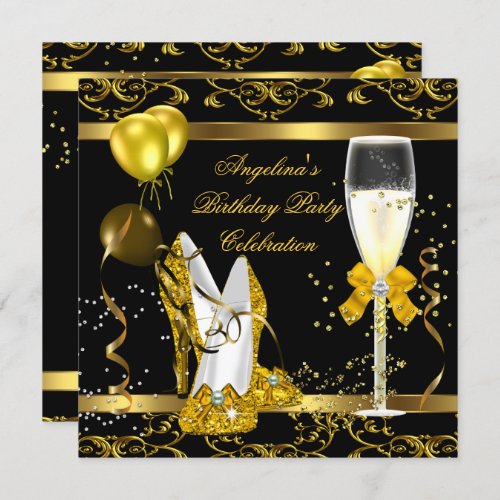 Champagne Gold Black Glitter Heels Birthday Party Invitation