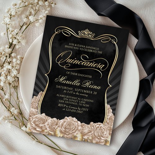 Champagne Gold Black Quinceaera Invitation