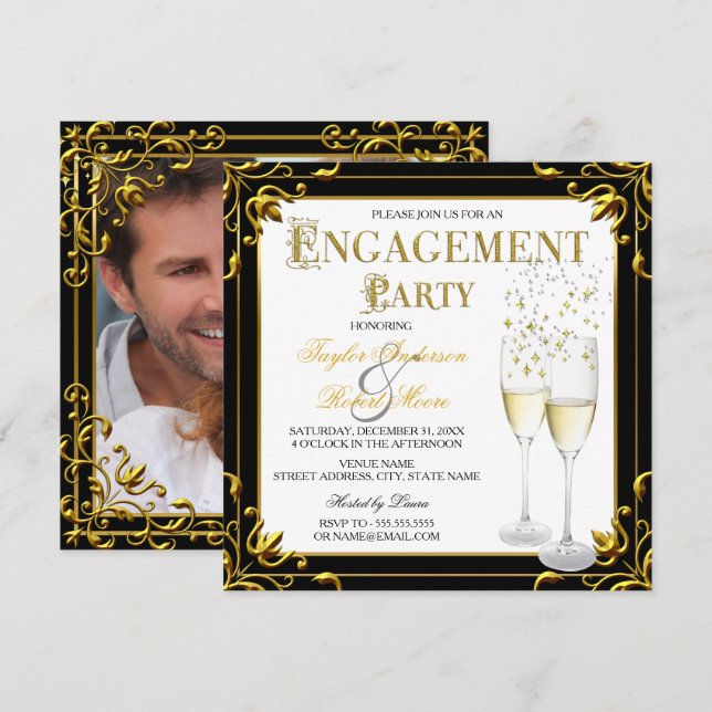 Champagne Gold Black White Engagement Party Photo Invitation (Front/Back)