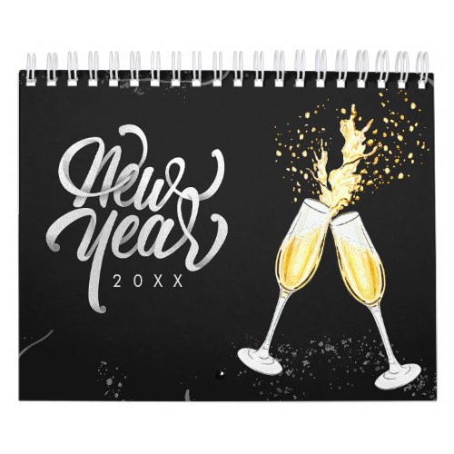 Champagne Gold Black Wine Glass Confetti Modern Calendar