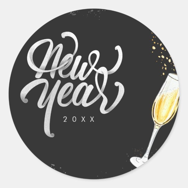 Champagne Gold Black Wine Glass Confetti Modern Classic Round Sticker (Front)