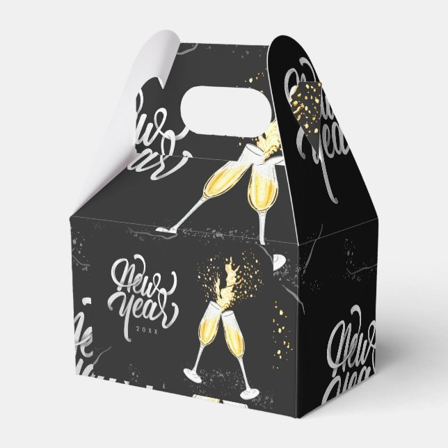 Champagne Gold Black Wine Glass Confetti Modern Favor Boxes (Front Side)