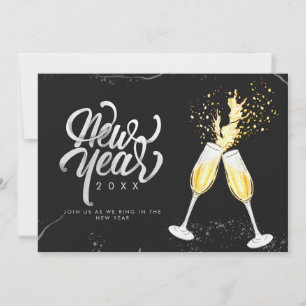 Champagne Gold Black Wine Glass Confetti Modern Holiday Card