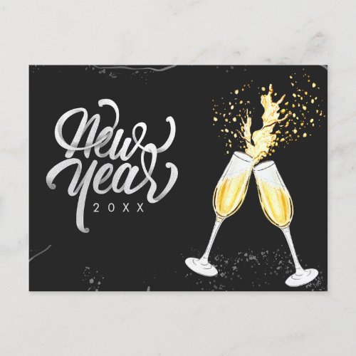 Champagne Gold Black Wine Glass Confetti Modern Holiday Postcard