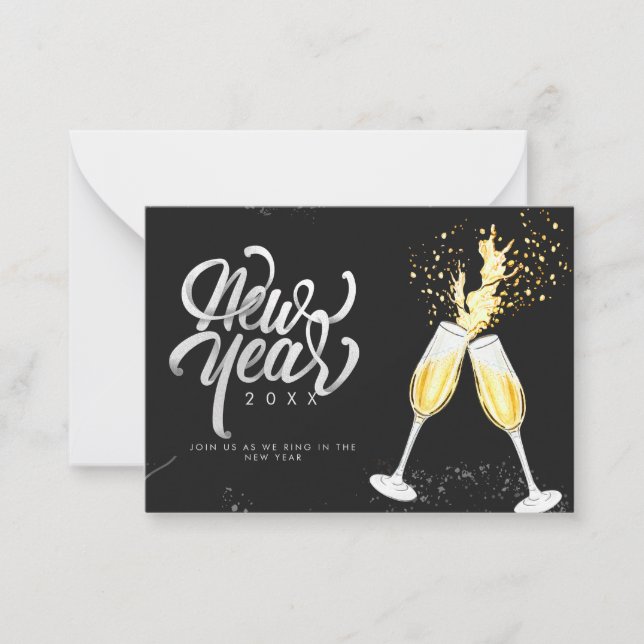 Champagne Gold Black Wine Glass Confetti Modern Note Card (Front)