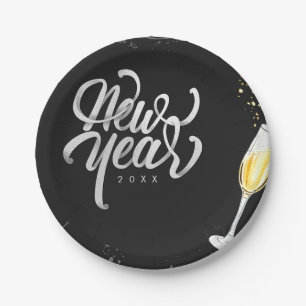 Champagne Gold Black Wine Glass Confetti Modern Paper Plates