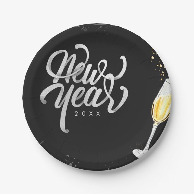 Champagne Gold Black Wine Glass Confetti Modern Paper Plates (Front)