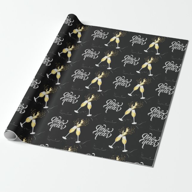 Champagne Gold Black Wine Glass Confetti Modern Wrapping Paper (Unrolled)