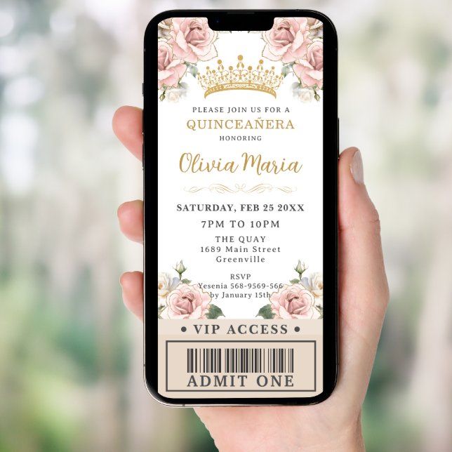 Champagne Gold Blush Floral Quinceañera VIP Ticket Invitation (Front Digital)