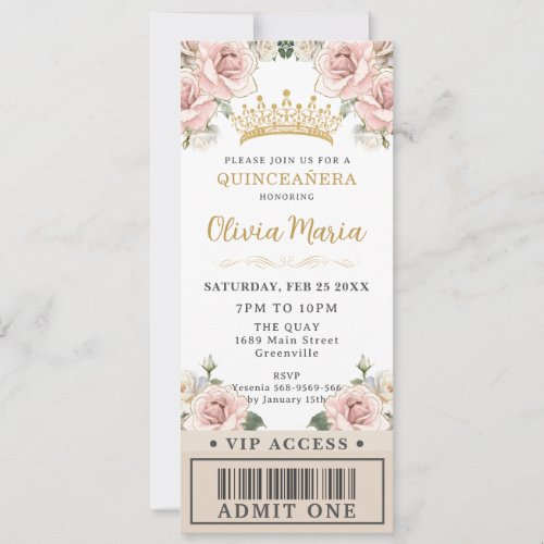 Champagne Gold Blush Floral Quinceañera VIP Ticket
