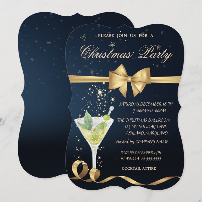 Champagne, Gold Bow Christmas Party Invitation (Front/Back)