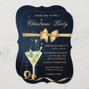 Champagne, Gold Bow Christmas Party Invitation