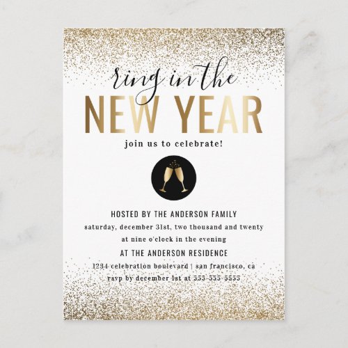 Champagne Gold Confetti New Year Party Invitation Postcard