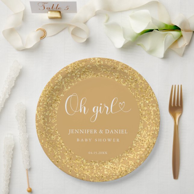 Champagne Gold Confetti Oh Girl Luxe Script Paper Plates (Wedding)