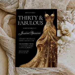 Champagne Gold Dress Fabulous Black 30th Birthday Invitation