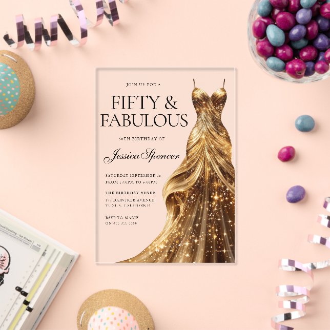golden dress for 50th birthday Champagne Gold Fabulous Fifty Acrylic Invitations cocktail dress for 50th birthday