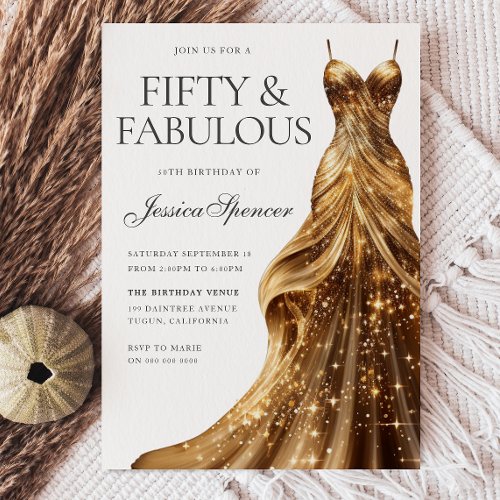 Champagne Gold Dress Fabulous Fifty 50th Birthday Invitation