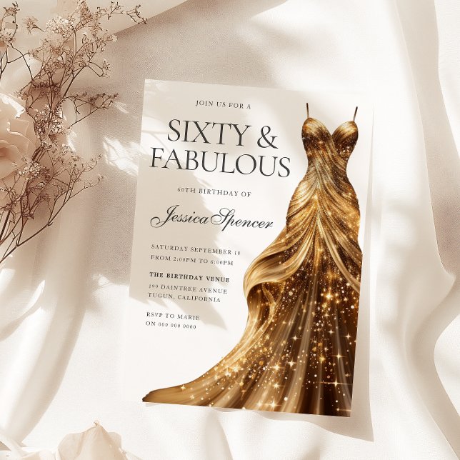 Champagne Gold Dress Fabulous Sixty 60th Birthday Invitation (Creator Uploaded)