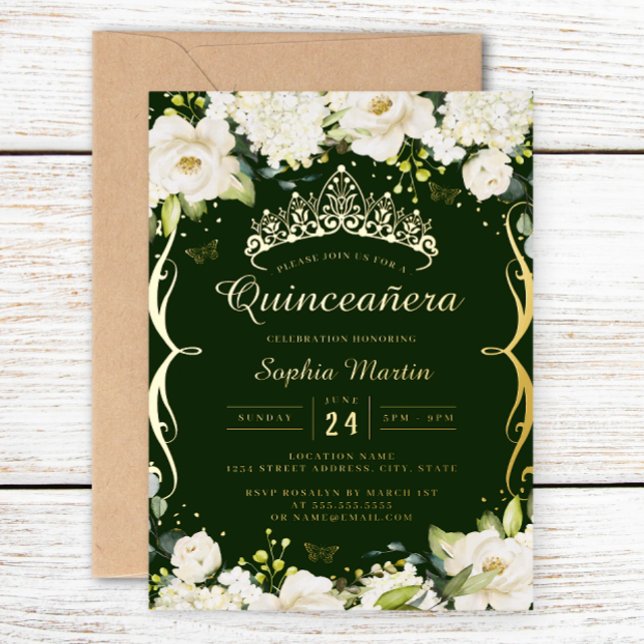 Champagne Gold Emerald Floral Scroll Quinceanera  Foil Invitation (Creator Uploaded)