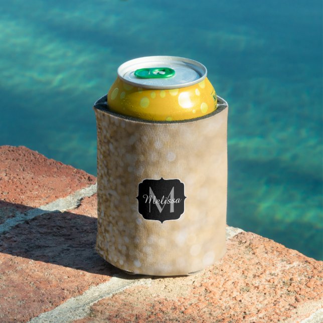 Champagne gold faux glitter sparkles Monogram Can Cooler (In Situ Pool)