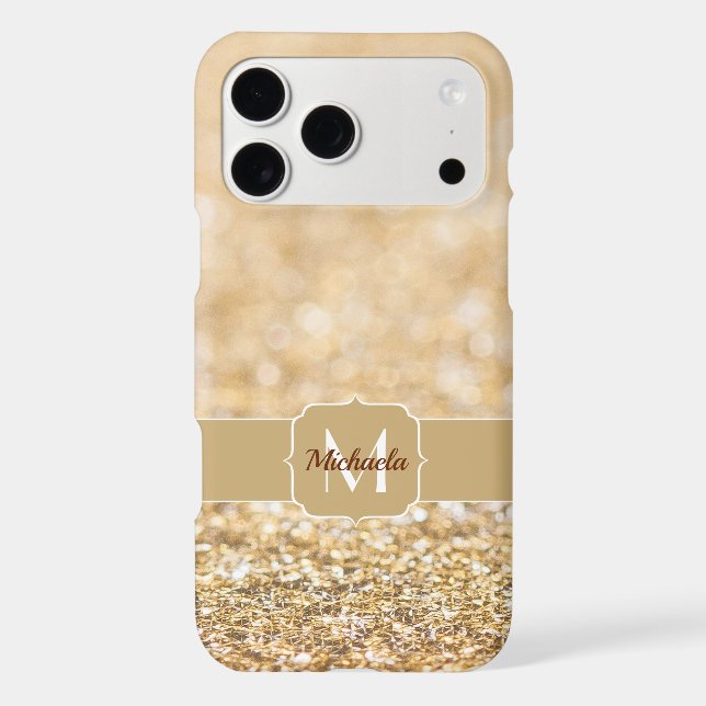 Champagne gold faux glitter sparkles Monogram iPhone Case (Back)
