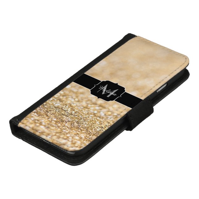 Champagne gold faux glitter sparkles Monogram iPhone Wallet Case (Bottom)