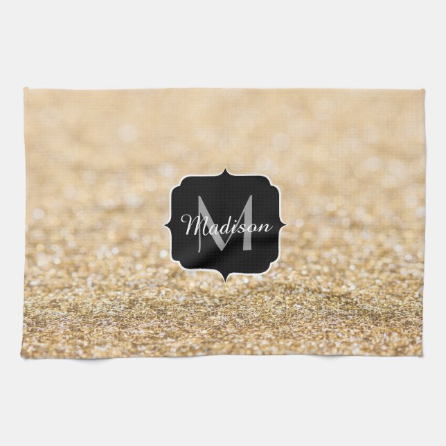 Champagne gold faux glitter sparkles Monogram Kitchen Towel (Horizontal)