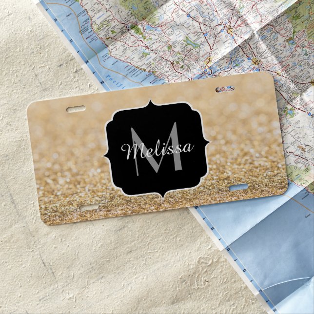 Champagne gold faux glitter sparkles Monogram License Plate (In Situ)