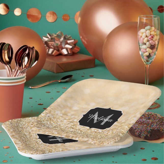 Champagne gold faux glitter sparkles Monogram Paper Plates (Multi)
