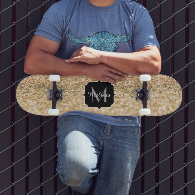 Champagne gold faux glitter sparkles Monogram Skateboard (Outdoor 3)
