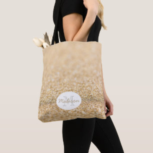 Champagne gold faux glitter sparkles Monogram Tote Bag