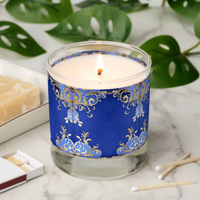 Champagne Gold Filigree Royal Blue Arabesque Scented Candle (Lit)