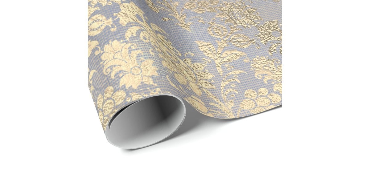 Champagne Gold Floral Blue Burlap Linen Wrapping Paper Zazzle Com