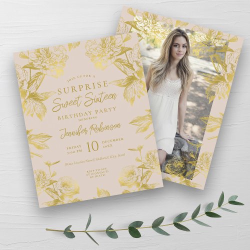 Champagne Gold Floral SURPRISE Sweet 16 Invite