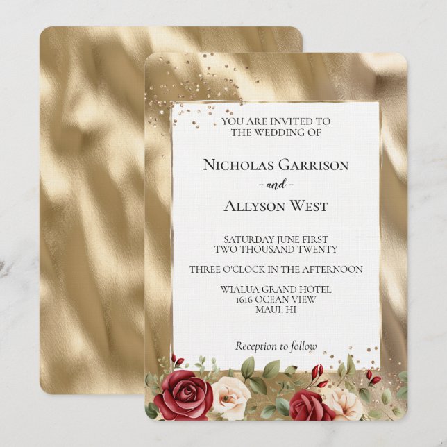 Champagne Gold Glam Cream Red Roses Wedding Invitation (Front/Back)