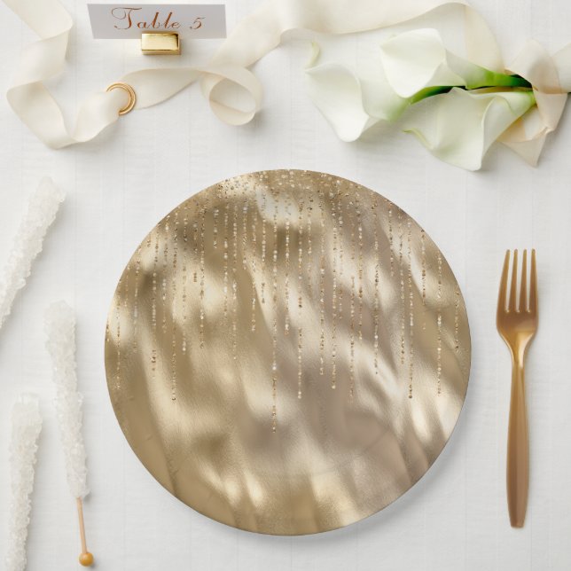 Champagne Gold Glam Sparkle Strings Wedding Paper Plates (Wedding)